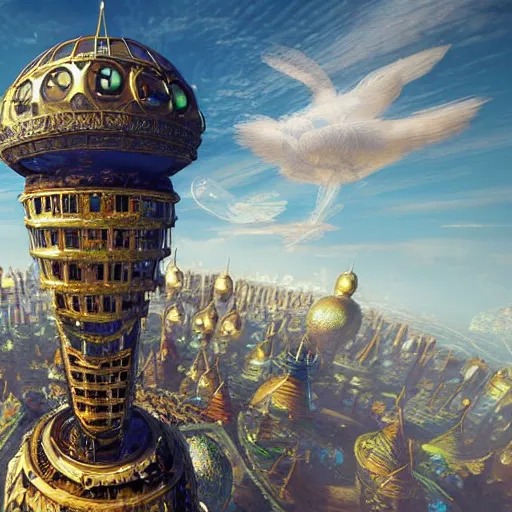 Prompt: enormous flying city in a faberge egg, sky, steampunk, fantasy art, unreal engine,