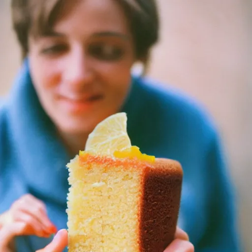 Prompt: woman eating orange cake, color film photography, 5 0 mm film