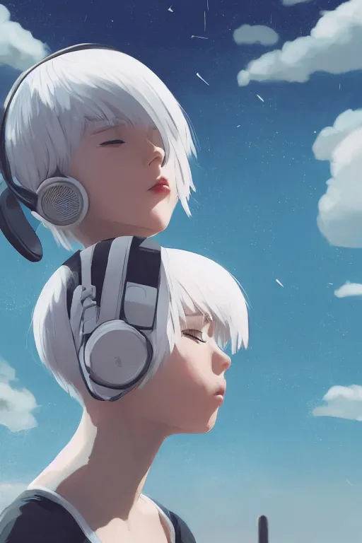 Prompt: a cute young woman listening to music with her eyes closed and wearing headphones by Ilya Kuvshinov, white bob cut hair, freckles, dark thunderclouds in the backround, blue filter, blue and white, vivid colors, soft lighting, cinematic, moody, nier automata, poster, oil on canvas, 8k