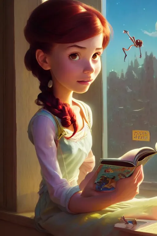 Image similar to highly detailed portrait of beautiful girl reading a book in toy story 3, dynamic pose, stephen bliss, unreal engine, fantasy art by greg rutkowski, loish, rhads, ferdinand knab, makoto shinkai and lois van baarle, ilya kuvshinov, rossdraws, tom bagshaw, global illumination, radiant light, detailed and intricate environment