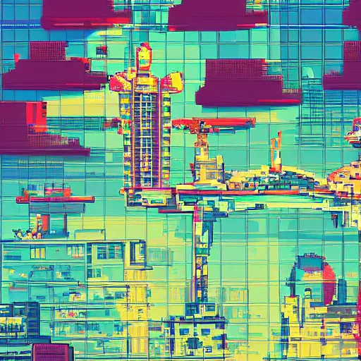 Image similar to pixel art of neonpunk city on a flying platform in clouds