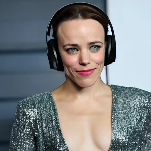 Prompt: rachel mcadams wearing headphones while twitch streaming