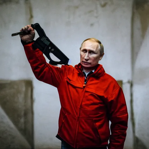 Prompt: putin with a chainsaw. in a concrete bunker with a pile of corpses. focus on putins face with blood splatters. canon eos r 3, f / 1. 4, iso 1 6 0 0, 1 / 8 0 s, 8 k, raw, grainy