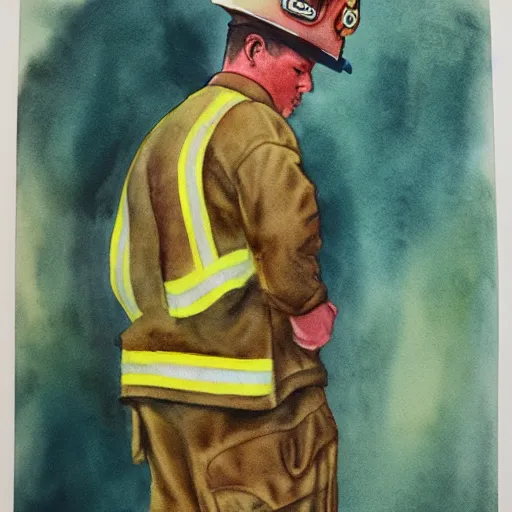 Prompt: Weary firefighter. Watercolor. 1930s