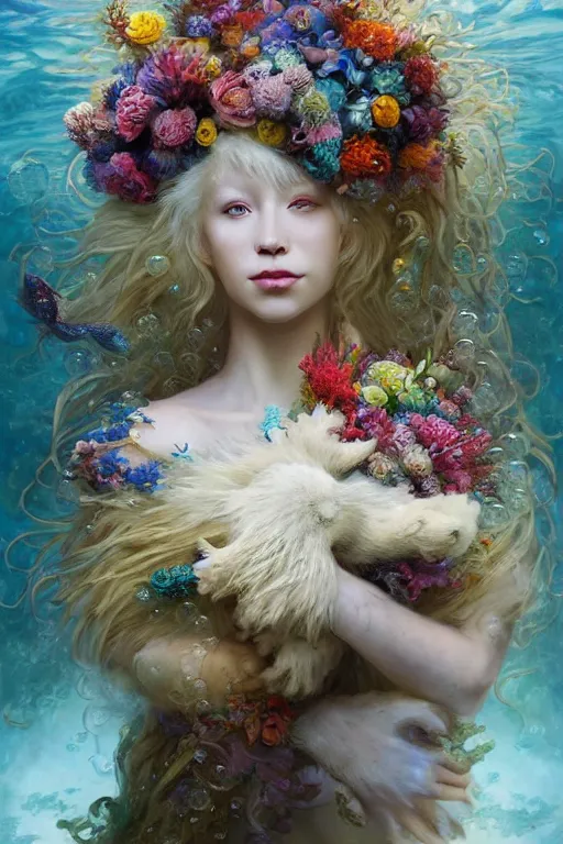 Image similar to portrait of a beautiful mysterious albino male furry anthro lion holding a bouquet of flowing flowers, mane flowing upwards, small bubbles surrounding him, hands hidden under the bouquet, submerged underwater filled with colorful small fish and coral reef, fantasy, regal, intricate, by stanley artgerm lau, greg rutkowski, thomas kindkade, alphonse mucha, loish, norman rockwell