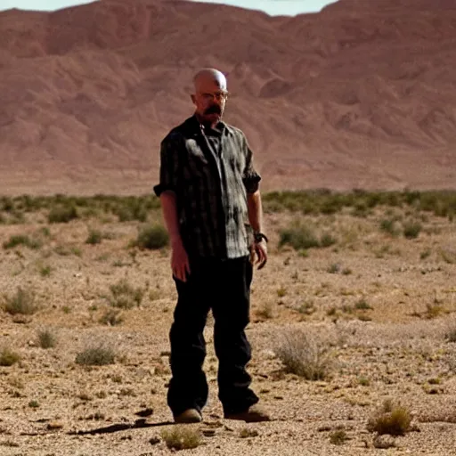 Image similar to breaking bad still frame of walter white in shock with his mouth opened, crying, speechless, desert background, breaking bad