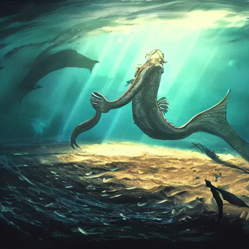 Image similar to person freediving underwater with a sea monster, trending on pixiv, artstation