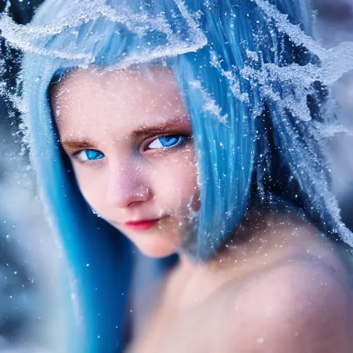 Image similar to ice dust around a frozen girl with white hair and blue eyes on the seashore, In detail