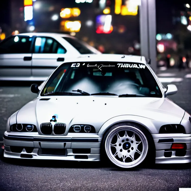 Prompt: close-up-photo BMW E36 turbo illegal night meet, work-wheels, Shibuya shibuya shibuya, roadside, cinematic color, photorealistic, deep dish wheels, highly detailed, custom headlights