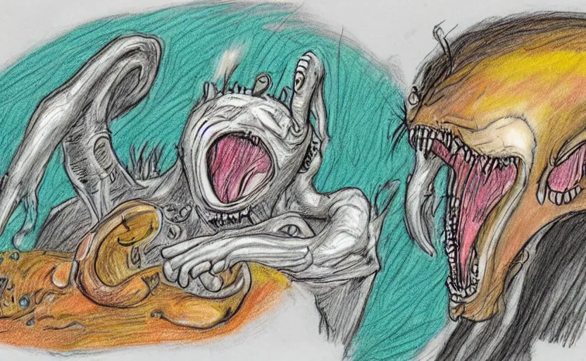 Prompt: a deep funny and gross comic by bill plympton about cats and xenomorphs, crayon, multicolor sketch