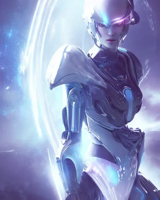 Image similar to perfect android girl on a mothership, warframe armor, beautiful face, scifi, futuristic, galaxy, nebula, raytracing, dreamy, long white hair, blue cyborg eyes, sharp focus, cinematic lighting, highly detailed, artstation, divine, by gauthier leblanc, kazuya takahashi, huifeng huang