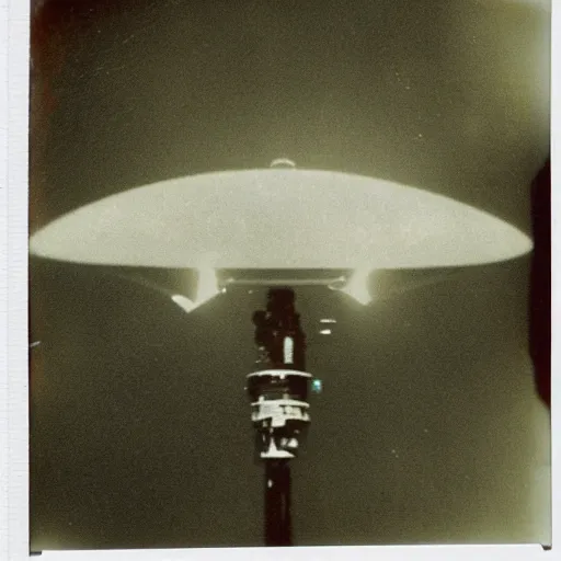 Image similar to old polaroid depicting an metallic alien probe, at a clearing