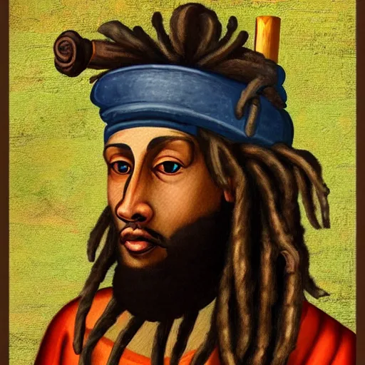 Prompt: a beautiful medieval art style painting of a Rastafarian sheep with dreadlocks and a blunt, trending on artstation