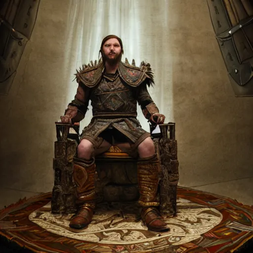 Image similar to the elder scrolls vi, charismatic rugged battle scarred regal human male jarl, portrait, exquisitely designed throne room, atmospheric lighting, painted, intricate, volumetric lighting, beautiful, daytime, sunny weather, slight overcast, sharp focus, deep colours, ultra detailed, by leesha hannigan, ross tran, thierry doizon, kai carpenter, ignacio fernandez rios