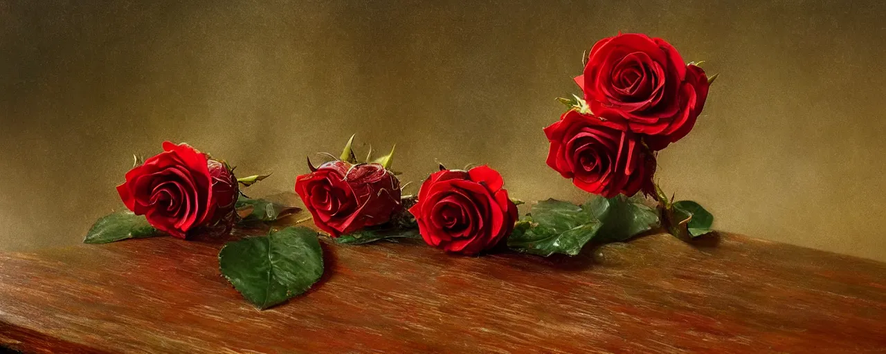 Prompt: a single red rose is on a wooden table with subtle carved filigree and drops of blood, scattered emeralds, close up view, dramatic lighting, DOF, soft, sharp focus, art nouveau, intricate artwork by Raymond Swanland and Greg Rutkowski