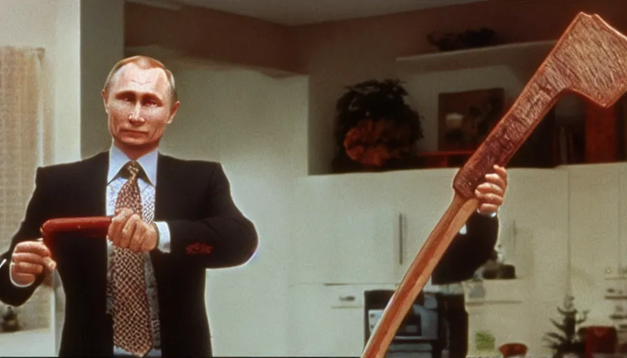 Image similar to 7 0 s movie still of putin in teleshopping show, proudly holding an axe. cinestill 8 0 0 t _ 3 5 mm eastmancolor, heavy grain, high quality, high detail