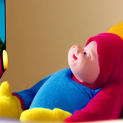 Prompt: Fetus Teletubbie in womb watching TV