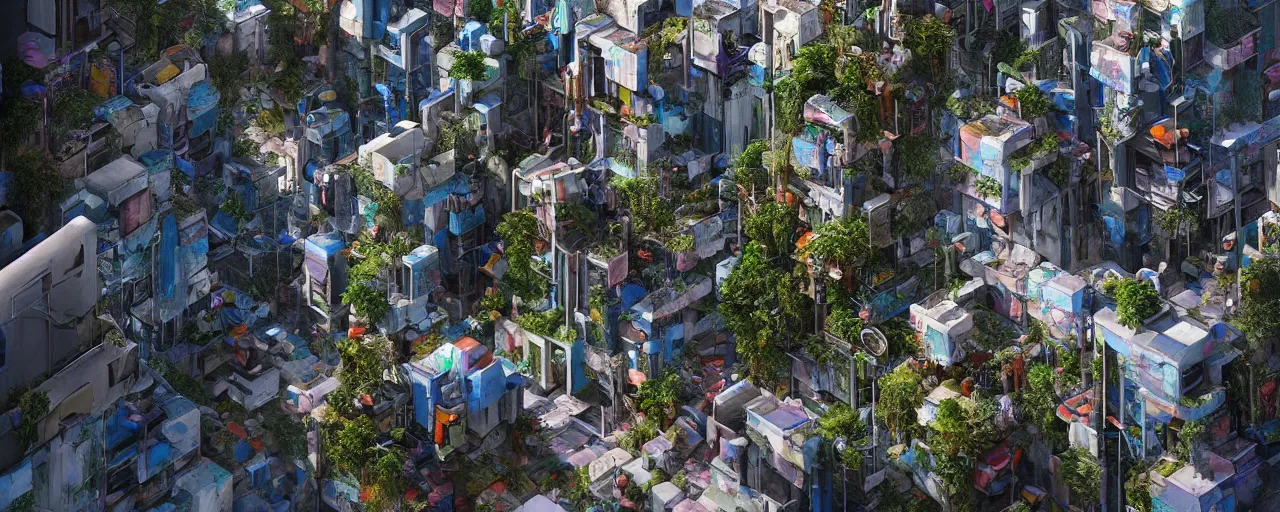 Prompt: A futuristic favela in Rio de Janeiro on a cyberpunk aesthetic mixing technology and nature, realistic view, hyper realistic, trending on artstation.