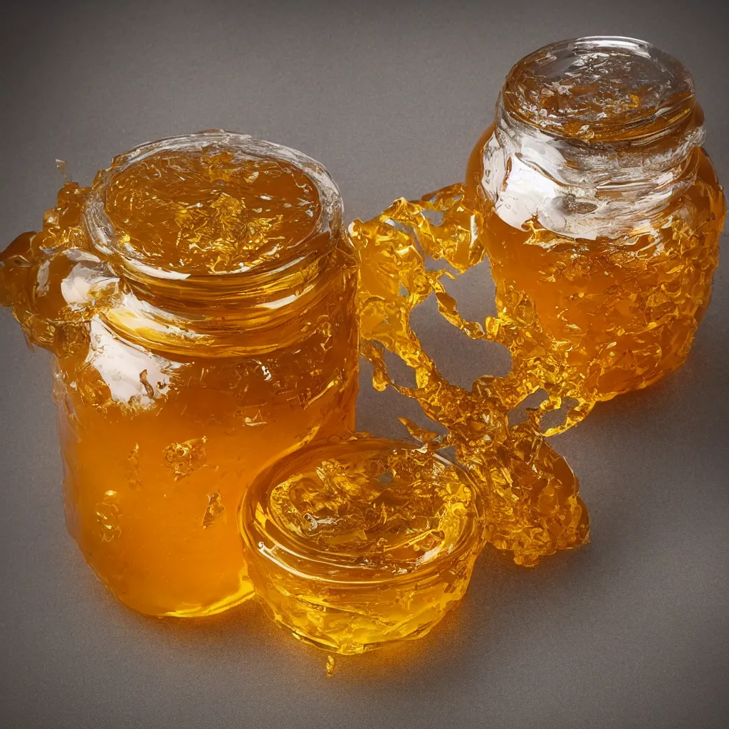 Image similar to honey jar stylized like a vicious grizzly bear, golden glistening, light bloom, octane render, product photography, studio photography, sharp high contrast