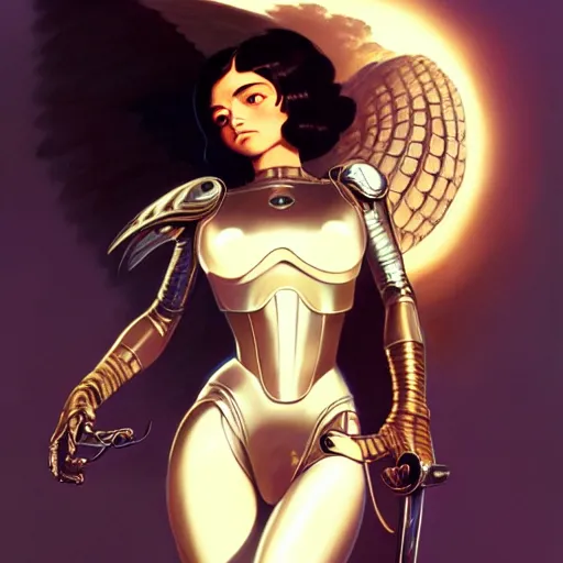 Prompt: battle angel Alita, dark fantasy, medium shot, intricate, elegant, highly detailed, digital painting, volumetric light, artstation, concept art, smooth, sharp focus, illustration, art by Gil Elvgren and Greg Rutkowski and Alphonse Mucha