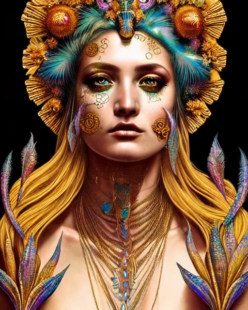 Image similar to hyperrealistic detailed portrait of a beautiful goddess in an iridescent - gold ornamental ritual headdress, intricate cyberpunk make - up, golden face tattoos, insane details, art by ernst haeckel, android jones, john william godward, gothic - cyberpunk, beautiful deep colours,