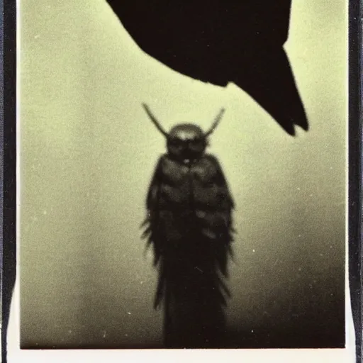 Image similar to real Polaroid picture of mothman with glowing eyes, realistic, picture taken in 1980, dark, scary atmosphere