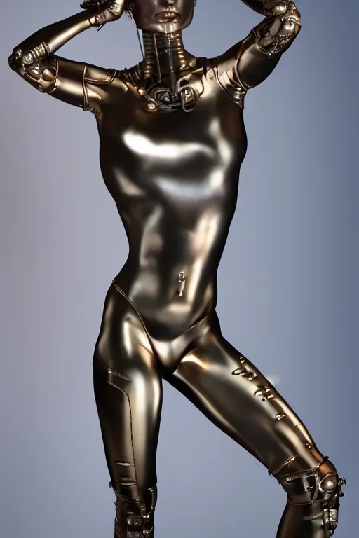 Image similar to realistic photo portrait of a metal woman in the style of hajime sorayama, studio lighting, 1 5 0 mm