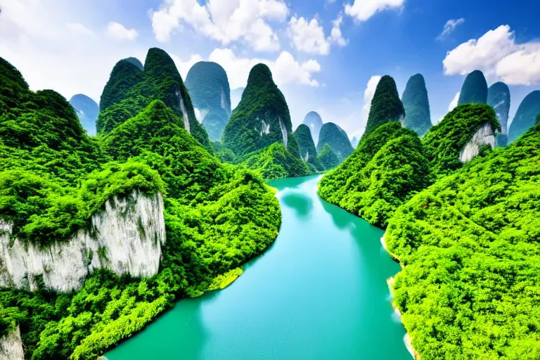 Image similar to wide, lush scenic landscape, grand majestic mountains, valley, river, karst chinese limestone mountains, blue sky, white clouds, professional photography, realistic, highly detailed, 8 k