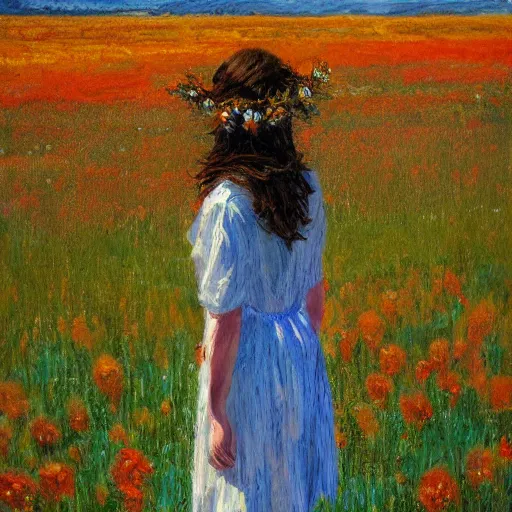 Image similar to woman standing in field, mattepainting, artstation, impressionism, flower head