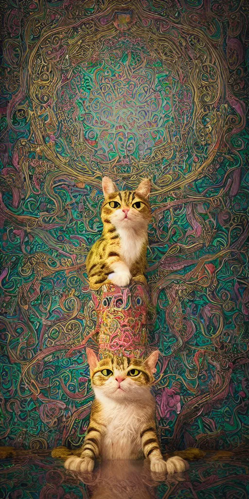 Prompt: A photo-real delicate sculpture of an ornate cat in front of an intricate background by AJ Fosik, Micro detail, backlighting, octane renderer, colorful, physically based render