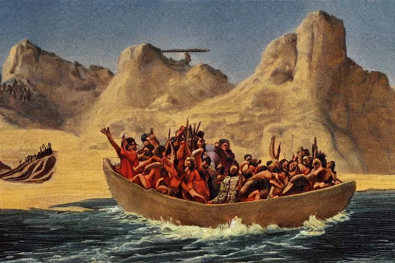 Image similar to Moses speeding down the Nile in a jetboat. The Pharaoh looking on in disbelief. Jehovah's witness Watchtower magazine paradise art.
