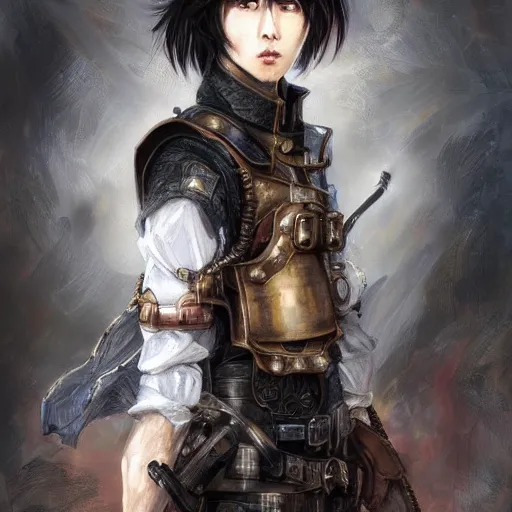 Image similar to portrait of a man by ayami kojima, korean, he is about 2 0 years old, short black hair with bangs, very tall and slender, smart looking, he is wearing a steampunk tactical gear, highly detailed portrait, digital painting, artstation, concept art, smooth, sharp foccus ilustration, artstation hq