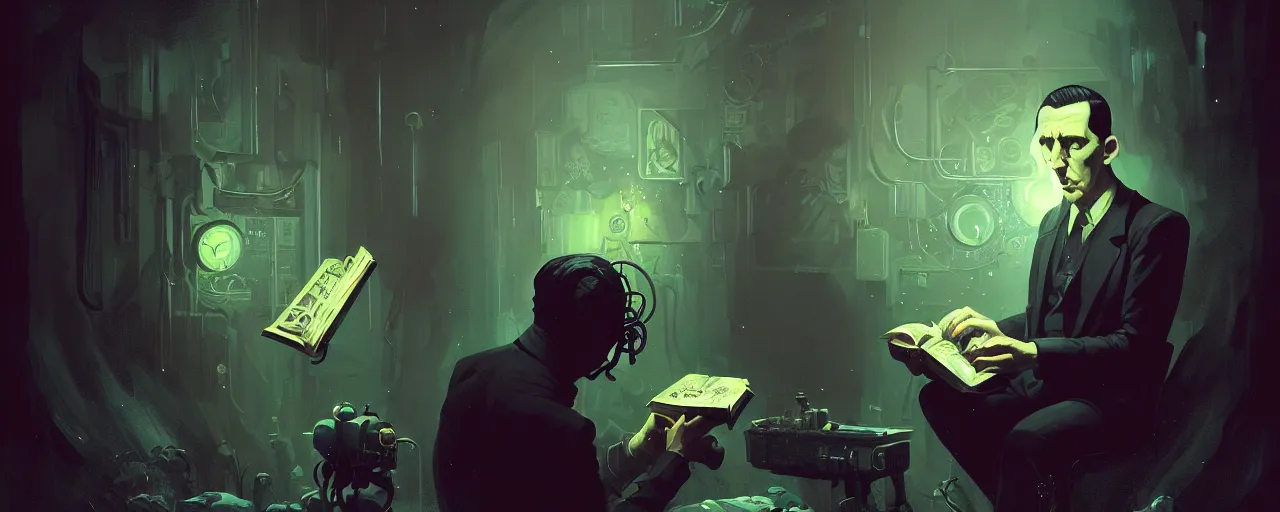 Image similar to duotone dark scifi illustration 3 / 4 portrait of hp lovecraft reading necronomicon. cinematic lighting mad scientist style. golden ratio accidental renaissance. by sachin teng and sergey kolesov and ruan jia and heng z. graffiti art, scifi, fantasy, hyper detailed. octane render. concept art. trending on artstation