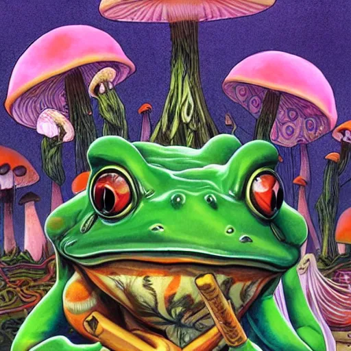 Image similar to A centered chest up portrait of a psychedelic godlike anthropomorphic frog smoking a hand-rolled cigarette , magic mushroom village in background . award winning. superb resolution. in the art style of junji Ito and greg rutkowski . Detailed Mushroom city in background. Hyper realistic anime. Perfect art. Dalle2