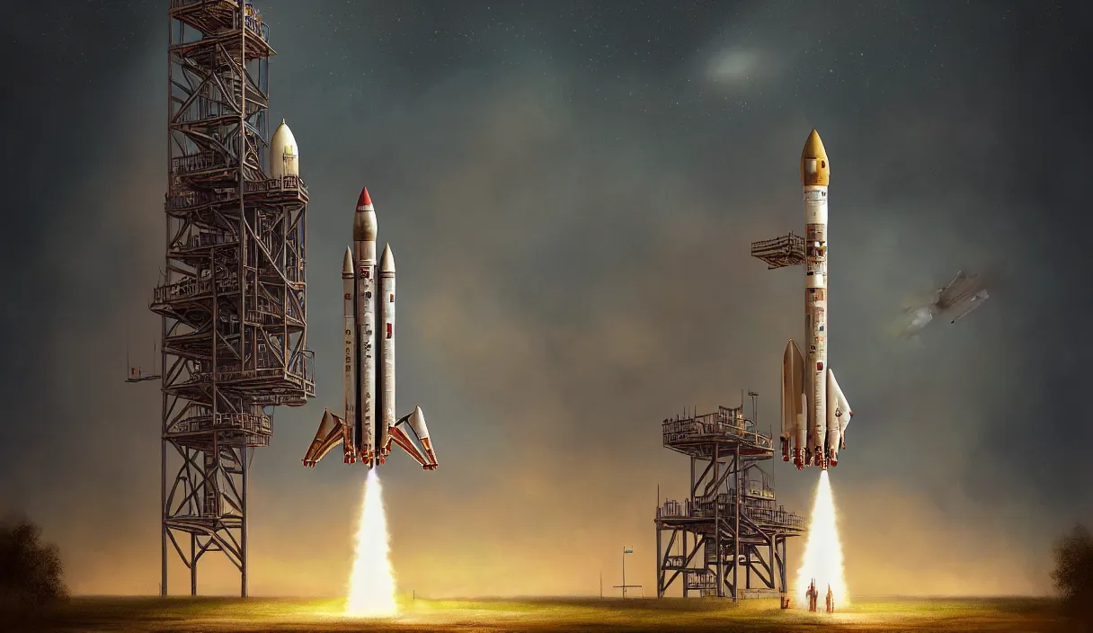 Image similar to epic professional digital art of vertical rocket on launch pad, at takeoff, ambient light, painted,, cinematic, detailed, intricate, grand, leesha hannigan, wayne haag, reyna rochin, ignacio fernandez rios, mark ryden, van herpen, artstation, cgsociety, epic, stunning, gorgeous, wow wow detail