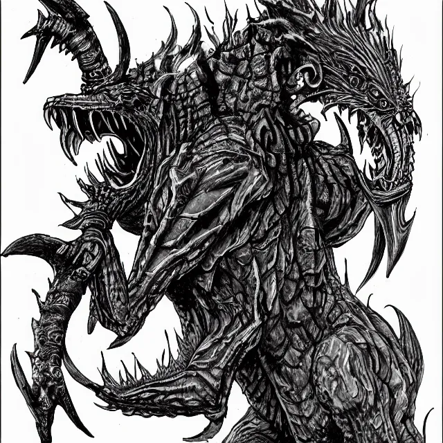 Image similar to Ink drawing of a draconic goblin shamen in the style of the AD&D monster manual detailed HD 8k High Resolution