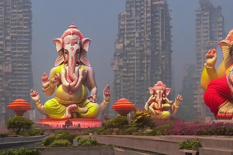 Image similar to beautiful futuristic new delhi, sharp sci - fi ganesha!! building, kalighat flowers, highly detailed cinematic, stephen shore & john j. park, soft morning light, wide shot, ground angle, uhd 8 k, shallow depth of field