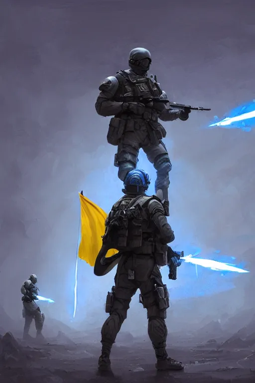 Image similar to a cinematic shot of a special forces unit with blue and yellow flag and standing ready to fight, masculine figure, d & d, fantasy, bright atmosphere, volumetric lights, intricate, elegant, extremely detailed, digital painting, artstation, concept art, matte, smooth, sharp focus, hyper realistic, illustration, art by artgerm and greg rutkowski and alphonse mucha