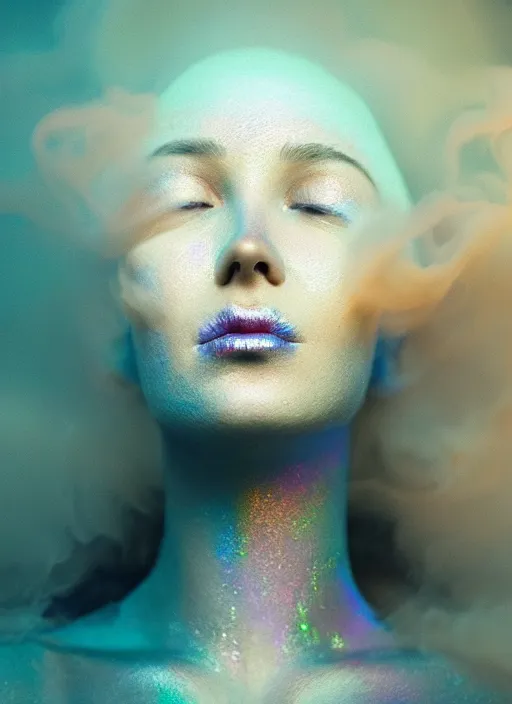 Image similar to an ethereal, misty portrait of a woman whose face is covered with glowing makeup. the makeup is iridescent and neon - toned. the makeup floats off her face and joins swirling clouds of smoke and fog. surreal portrait, concept art, cinematic lighting, 8 k, sharp focus, digital painting, rendered in octane, painted by tom bagshaw, artgerm