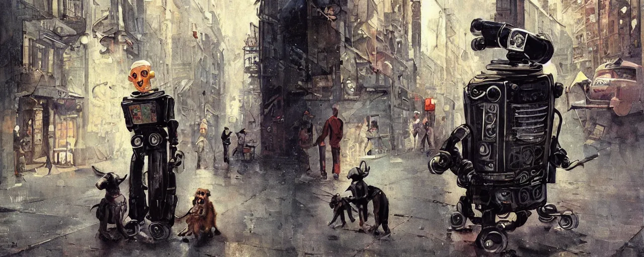 Image similar to adventurer _ _ _ _ _ _ 1 9 5 0 s _ retro _ future _ robot _ android _ and his robot dog on the city street _ muted _ colors. _ _ _ _ _ _ by _ jean _ baptiste _ monge