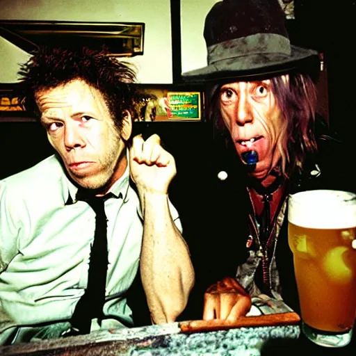 Prompt: Tom Waits and Iggy Pop in a pub by Jim Jarmush, Agfa Vista 800 film, Leica M9