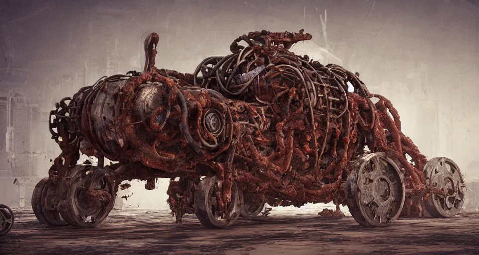 Image similar to Techno-biological rusty tank consisting of tumors, meat, veins, bones, guts, kidneys, wires. Double cannon. Biopunk, body-horror, high detail, photorealism, full length view, very rust, concept art, octane render, 16k, 8k