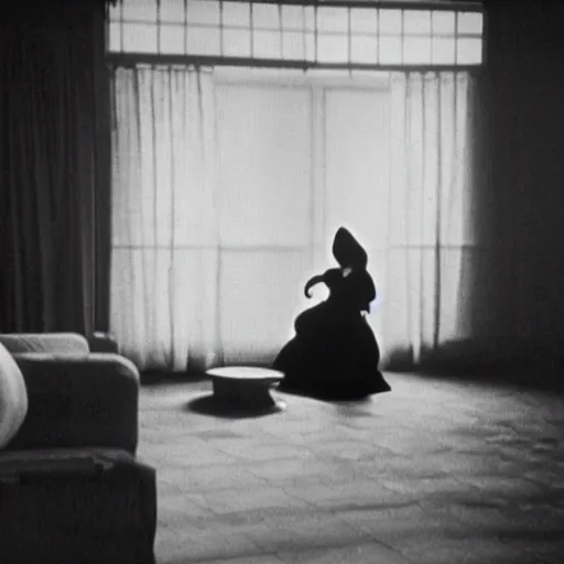 Image similar to a woman in a hanbok sitting on a couch, a starfish arm coming through the window, minimal cinematography by Akira Kurosawa, movie filmstill, 1950s film noir, thriller by Kim Jong-il and Shin Sang-ok, monster movie, tri-x 3200