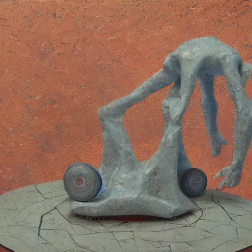 Image similar to a detailed, impasto painting by shaun tan and louise bourgeois of an abstract forgotten sculpture by ivan seal and the caretaker