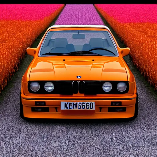 Image similar to blender render of orange bmw e 3 0 m 3 in a field of flowers, picture taken from below