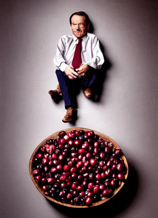 Image similar to tiny bryan cranston sitting inside a cranberry, food photography, natural light, sharp, detailed face, magazine, press, photo, steve mccurry, david lazar, canon, nikon, focus