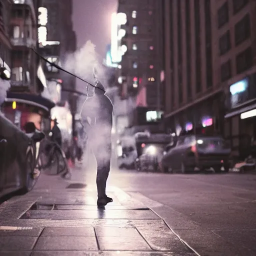 Prompt: digital art of a ghost smoking a cigarette on NYC sidewalk, city lights, trending on artstation, 8k, 4k, volumetric lighting, smooth sharp focus, lighthearted, cinematic composition, hd