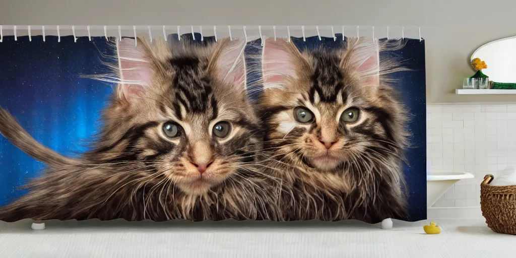 Image similar to a ( ( ( ( ( maine coon kitten ) ) ) ) ) in mandolorian ( tv ) artwork themed shower curtain, shower curtain. digital art. product photography. product lighting. 4 k, highly detailed. saturated. pixar 3 d.