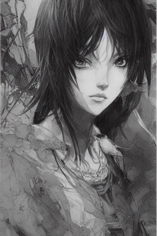 Prompt: portrait of an anime girl, pen and ink, intricate line drawings, by craig mullins, ruan jia, kentaro miura, greg rutkowski