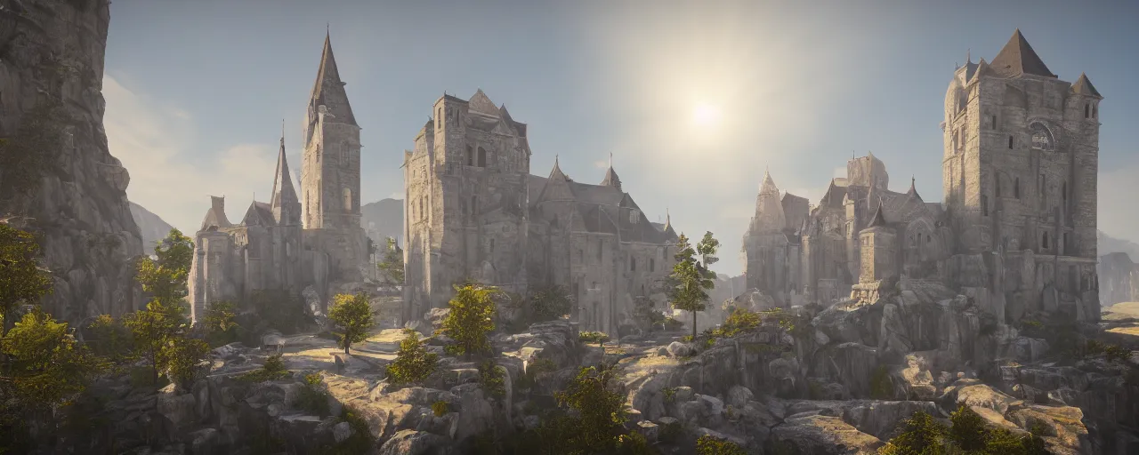 Image similar to white monastery with large tower upon sheer lime cliffs, a ray of sun illuminating, unreal engine 5 render, 8k, dramatic lighting